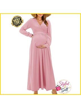 Wrap Maternity Nursing Maxi Dress V Neck Long Sleeve Baby Shower